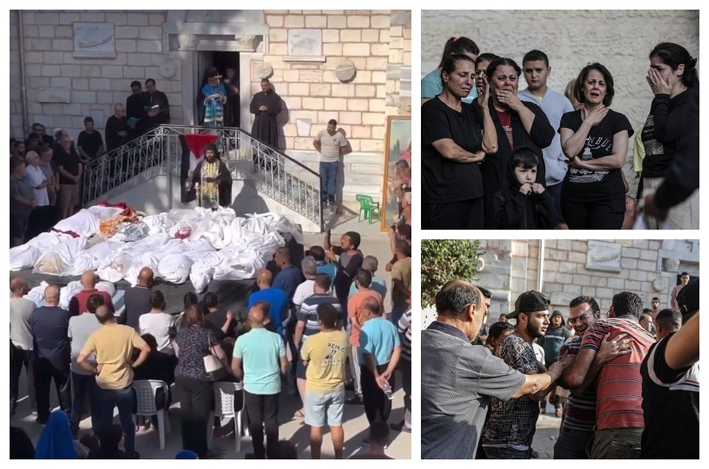 جانب من تشييع جثامين الشهداء في كنيسة الروم الأرثوذكس في غزة 